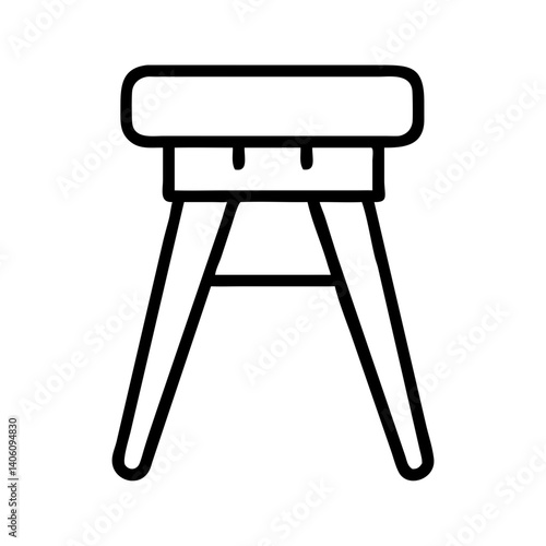 Minimalist black line icon of wooden bar stool with seat and legs, isolated on white background, modern furniture vector illustration in outline style