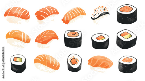 Assorted Sushi and Rolls Flat Vector Isolated Vegetables on White Background