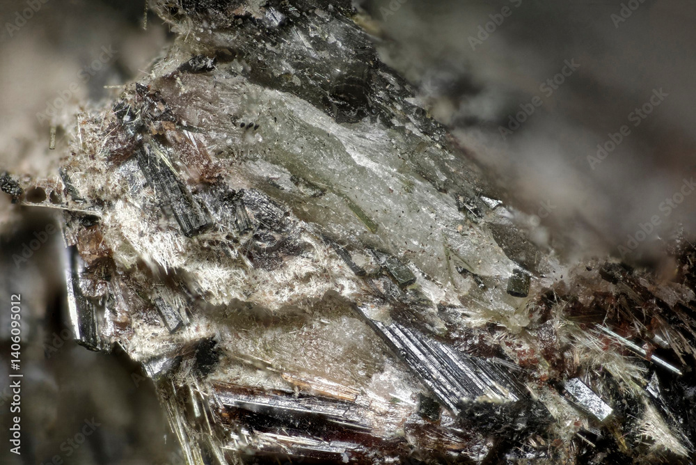 Fototapeta premium Minerals Aegirine, Analcime, Catapleiite. Mining site- Aikuaivenchor Mountain, Khibiny, Russia. High magnification microphotograph
