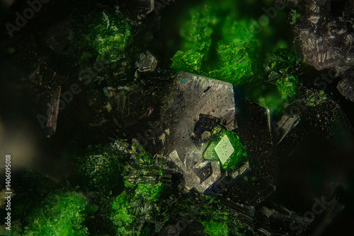 Mineral Uvarovite and Clinochlore- Saranovskoe deposit. High magnification microphotography- scale of photography 10X