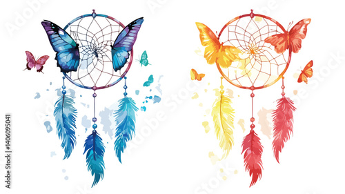 Ethereal Dream Catcher and Butterflies on White Background