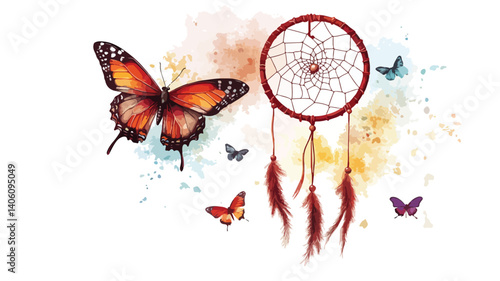 Ethereal Dream Catcher and Butterflies on White Background
