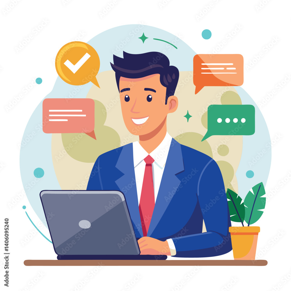 Businessman working on laptop, communication Businessman working on laptop, communication
