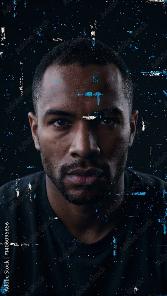 Intense mans face with glitch overlay in white and blue against a dark backdrop modern and edgy concept art with a futuristic twist Intense mans face with glitch overlay in white and blue against a dark backdrop modern and edgy concept art with a futuristic twist