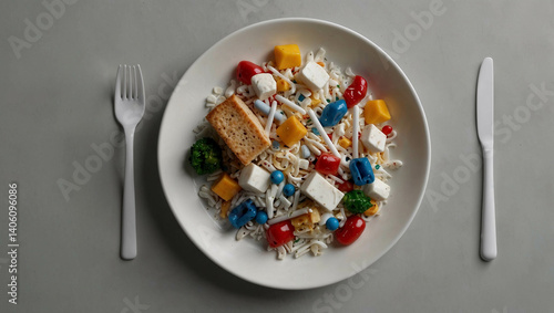 Minimalist image of a dinner plate filled with microplastics, wrappers, and straws—highlighting plastic in our food chain. Minimal pollution and environmental protection concept. Copy space.