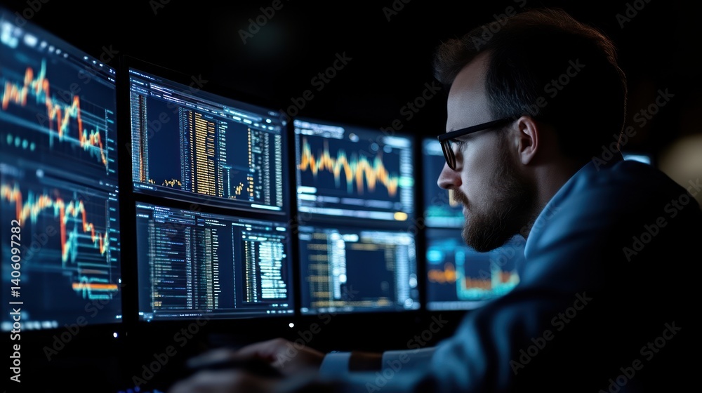 Trader Analyzing Financial Data on Multiple Monitors in a Dark Room Trader Analyzing Financial Data on Multiple Monitors in a Dark Room