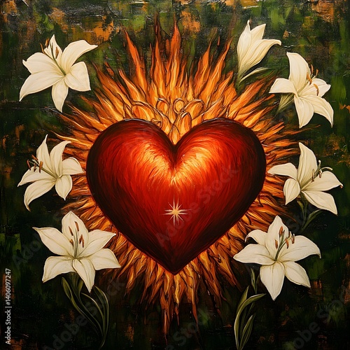 Chaste Heart of Joseph: Radiant Red Heart Surrounded by White Lilies Representing Purity. Flaming Heart Symbolizing Pure Love. --style raw