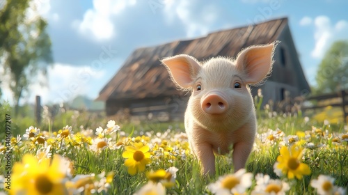 Adorable Piglet on a Farm with Flowers