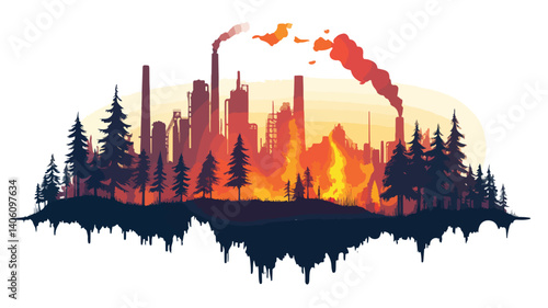 Dramatic Illustration of Burning Forest in Industrial Setting