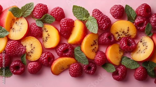 Raspberries, Fruits and Mint Leaves on a Pink Background