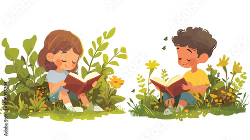 Happy Cartoon Kids Reading Books in Lush Garden Setting