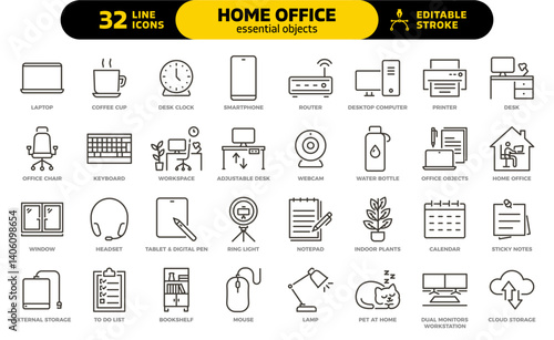 Home office essential objects icon set. Thin line editable stroke icons for remote work, workspace setup, productivity