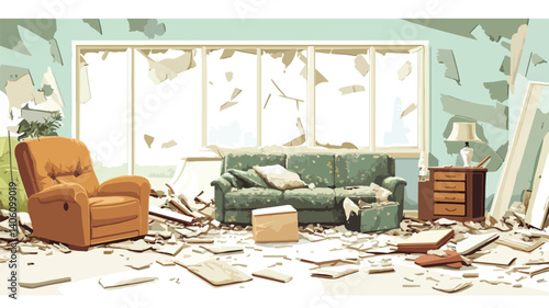 Chaotic Living Room Interior Post Earthquake - Aftermath of Disaster Concept