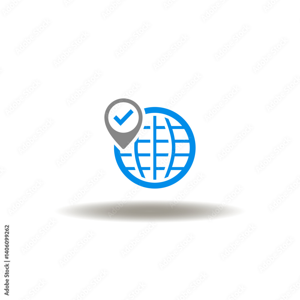 Vector illustration of earth globe with location pointer and check mark. Symbol of SCM Supply Chain Management. Icon of import export global delivery. Sign of distribution, logistics, procurement.