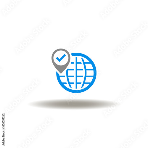 Obraz na płótnie Vector illustration of earth globe with location pointer and check mark. Symbol of SCM Supply Chain Management. Icon of import export global delivery. Sign of distribution, logistics, procurement. w salonie