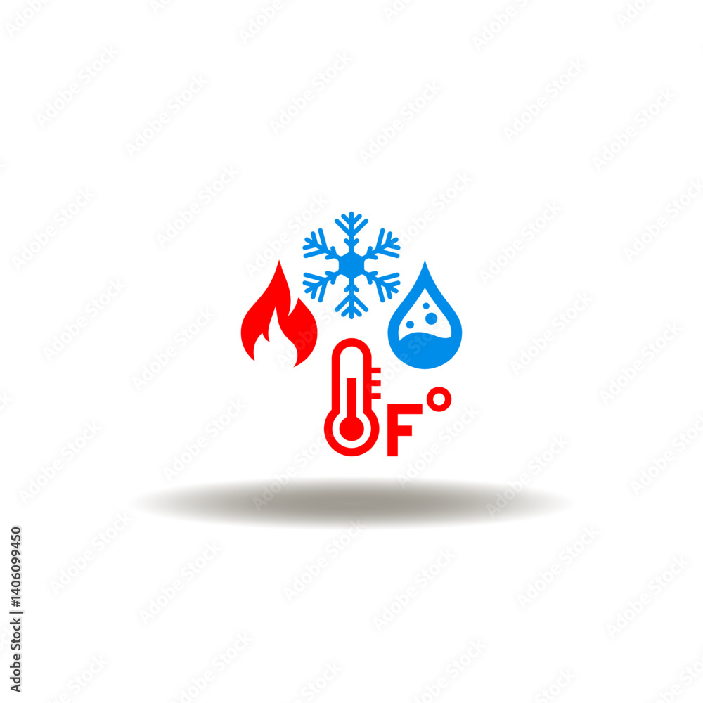 Vector illustration of thermometer degrees fahrenheit fire flame drop water snowflake. Symbol of HVAC or Heating Ventilation Air Conditioning. Icon of air quality automation control modern technology.