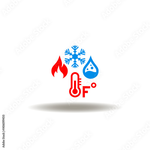 Obraz na płótnie Vector illustration of thermometer degrees fahrenheit fire flame drop water snowflake. Symbol of HVAC or Heating Ventilation Air Conditioning. Icon of air quality automation control modern technology. w salonie