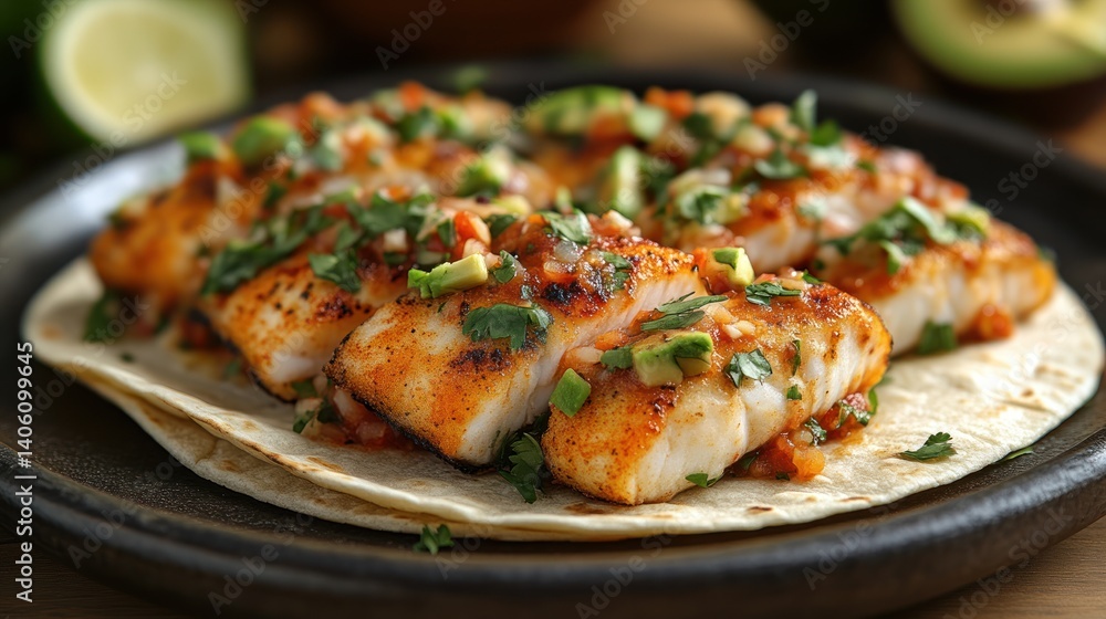 Grilled Fish Tacos with Fresh Garnishes and Avocado Salsa on a Black Plate Grilled Fish Tacos with Fresh Garnishes and Avocado Salsa on a Black Plate