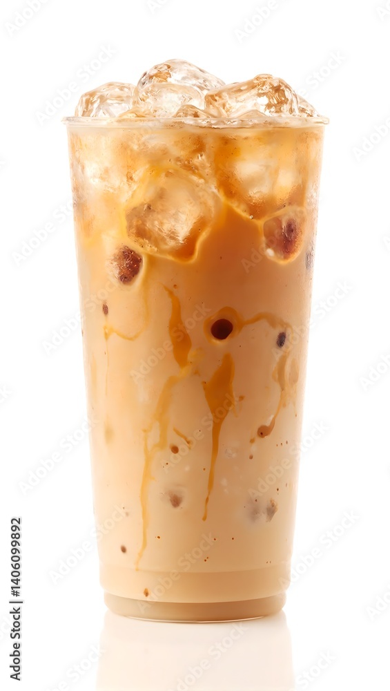 Refreshing iced coffee swirls with ice cubes in bold high definition modern design on a crisp white backdrop Refreshing iced coffee swirls with ice cubes in bold high definition modern design on a crisp white backdrop