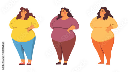 Vibrant Cartoon Vector Illustration of Joyful Overweight Woman with Creative Concept