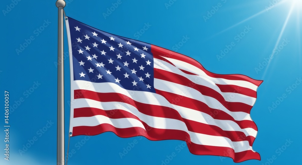 Fototapeta premium American flag waving in the wind with bright blue sky, patriotic scene, symbol of freedom and national pride