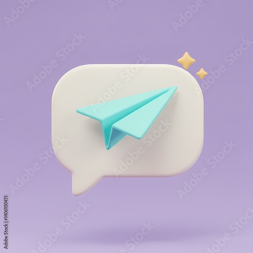 3D rendering of a speech bubble with a blue paper airplane inside