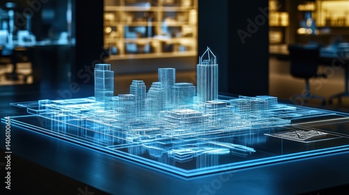 A holographic architectural simulation displayed on a tabletop in an innovation-driven architectural firm, with intricate building designs glowing.