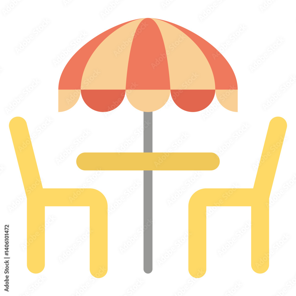 Relaxing Outdoor Cafe Table Setting with Striped Umbrella Icon Relaxing Outdoor Cafe Table Setting with Striped Umbrella Icon