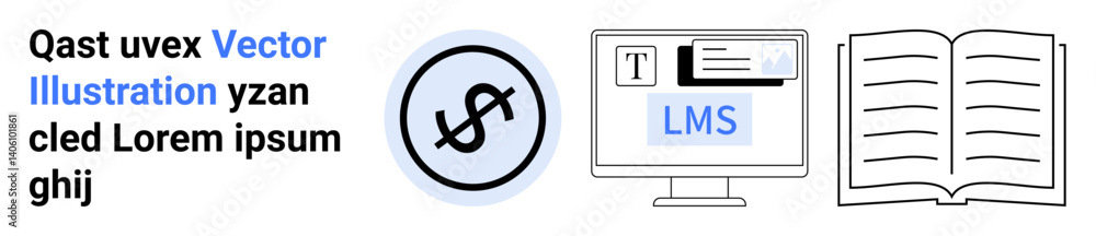 Digital currency symbol, computer screen with LMS interface, open book. Ideal for education, finance, technology, e-learning, knowledge sharing, academic resources simple landing page Digital currency symbol, computer screen with LMS interface, open book. Ideal for education, finance, technology, e-learning, knowledge sharing, academic resources simple landing page