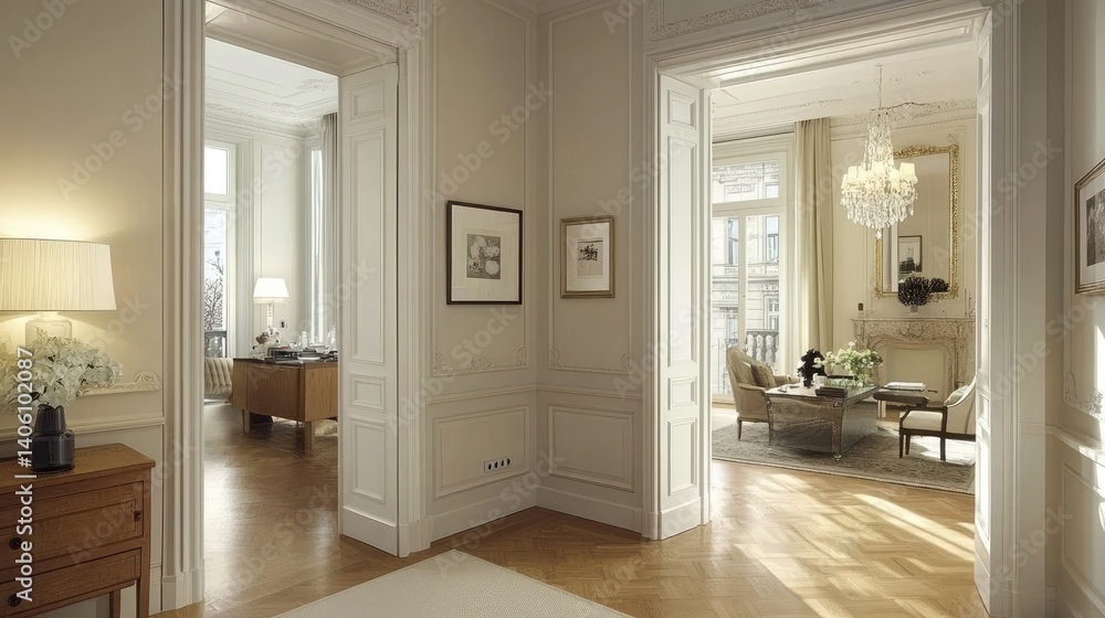 Elegant, light-filled hallway showcasing a spacious apartment. Elegant, light-filled hallway showcasing a spacious apartment.