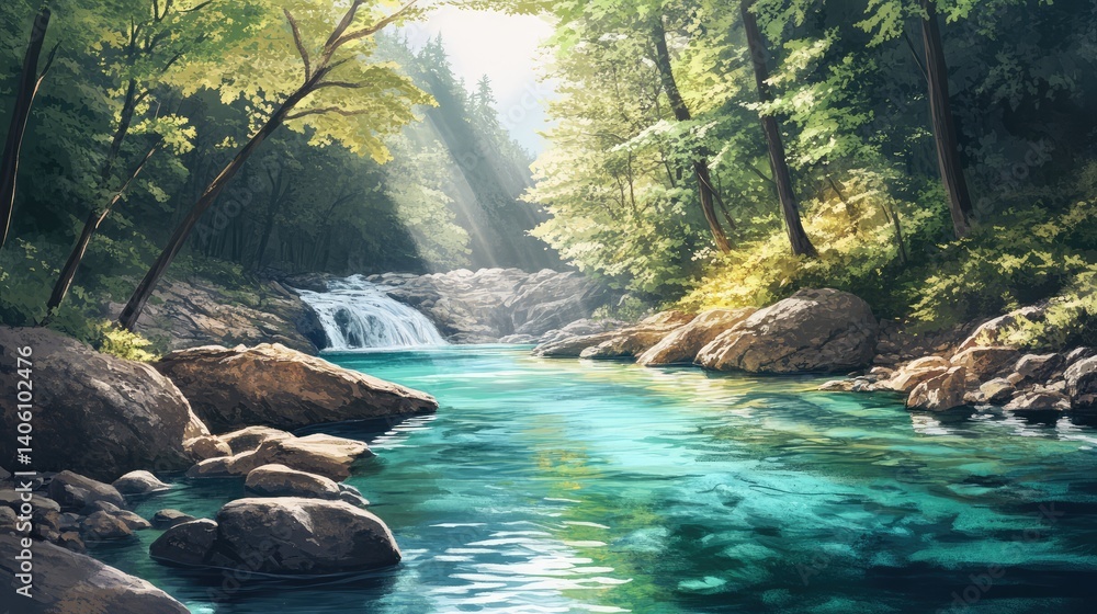 Naklejka premium A river with a waterfall and a forest in the background