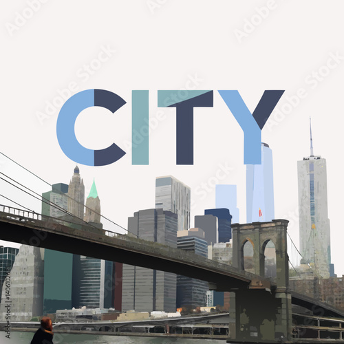 Bold 'CITY' design crafted with architectural elements like skyscrapers and bridges in each letter.