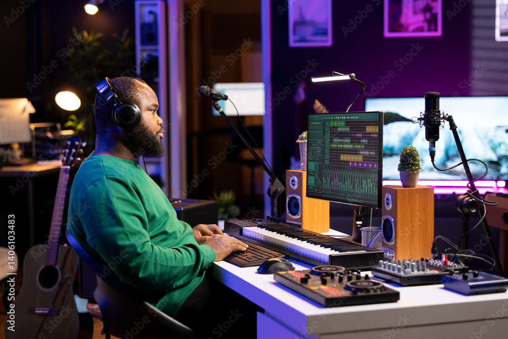 Audio engineer working on editing old recordings in home studio, mixing and mastering on digital software. Young producer operating on stereo console and equipment, music industry.