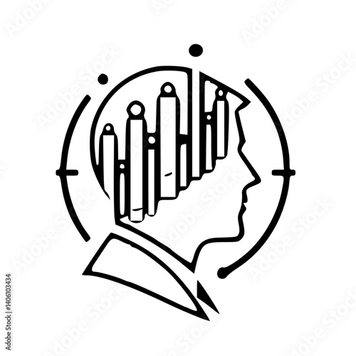 Abstract illustration a human profile with bar graphs inside their head, encircled by a target, symbolizing strategic financial market analysis and insightful decisionmaking.