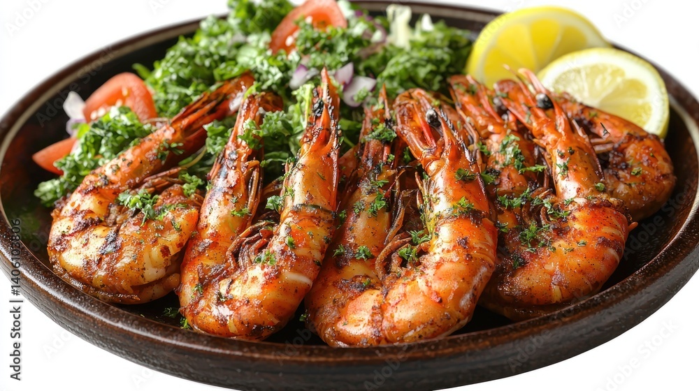 A plate of tandoori prawns with charred edges, served with a fresh salad and lemon wedges on a white background A plate of tandoori prawns with charred edges, served with a fresh salad and lemon wedges on a white background