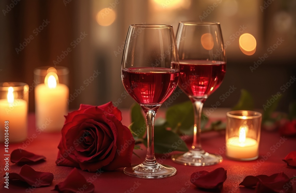 Romantic illustration of wine glasses, red rose and candles on table. Perfect date night scene for couples in cozy atmosphere. Celebrate anniversary, Valentine Day, special occasion with wine. Romantic illustration of wine glasses, red rose and candles on table. Perfect date night scene for couples in cozy atmosphere. Celebrate anniversary, Valentine Day, special occasion with wine.