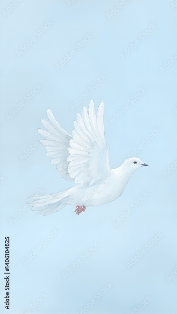 Fototapeta premium Minimalist digital painting of a serene dove against a calming gradient sky Pure white feathers and soft highlights evoke peace and hope