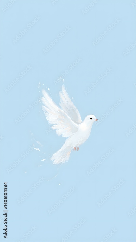 Fototapeta premium Minimalist digital painting of a serene dove against a calming gradient sky Pure white feathers and soft highlights evoke peace and hope