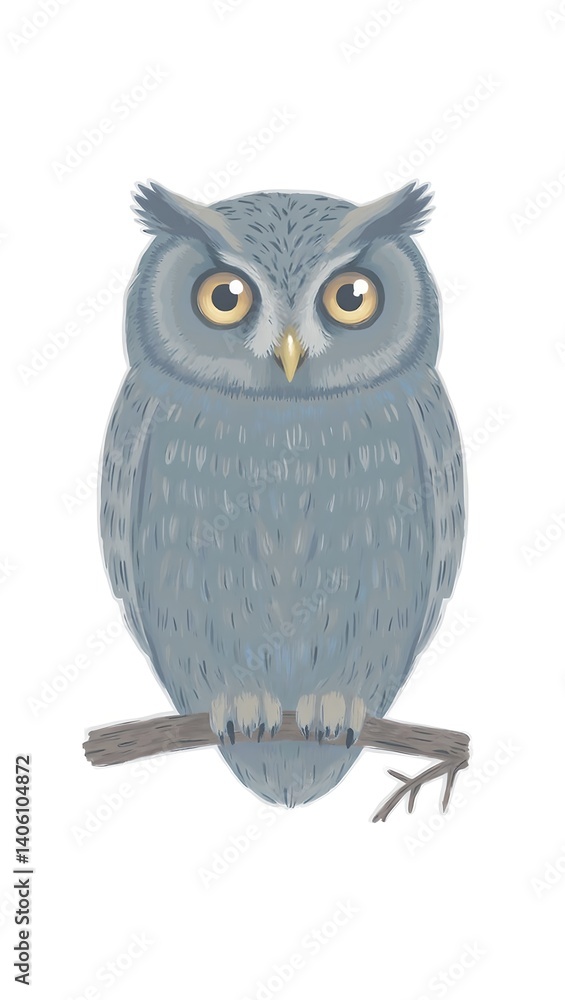 Fototapeta premium Minimalist wise owl illustration with luminous gold eyes on a gnarled branch set against a blue gray background