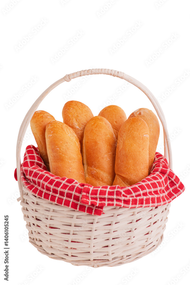 Baguettes in a white basket isolate. Food, baguette. Baguettes in a white basket isolate. Food, baguette.