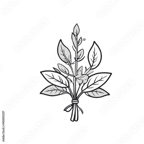 Sage bundle illustration, black and white design, symbol of cleansing and purification
