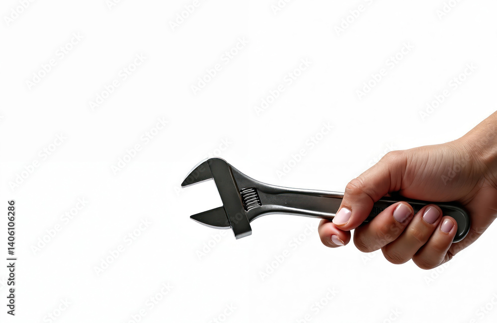 Obraz premium Hand holding silver adjustable wrench. Mechanic tool, repair instrument, equipment on white background. Close-up shot, chrome steel. Construction industry concept. Pro service or maintenance.