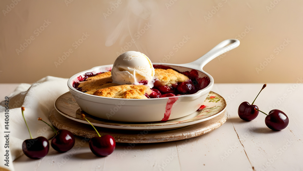 A warm and inviting still life of a freshly baked skillet cherry cobbler, golden brown and bubbly, topped with a scoop of creamy vanilla ice cream, placed on a rustic wooden table or vintage-inspired