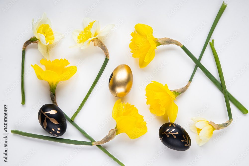 top view of daffodils and Easter eggs