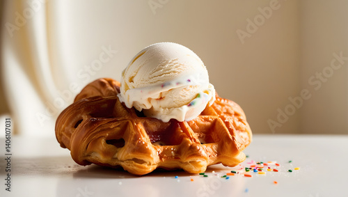 A golden-brown, flaky, and crispy waffle croissant, freshly baked, sits atop a cold, creamy, and vibrant ice cream scoop, glistening with tiny droplets of condensed moisture, against a soft, creamy
