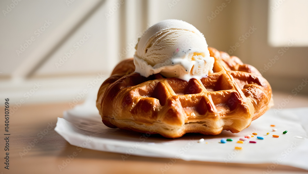A golden-brown, flaky, and crispy waffle croissant, freshly baked, sits atop a cold, creamy, and vibrant ice cream scoop, glistening with tiny droplets of condensed moisture, against a soft, creamy