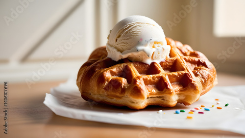 Obraz na płótnie A golden-brown, flaky, and crispy waffle croissant, freshly baked, sits atop a cold, creamy, and vibrant ice cream scoop, glistening with tiny droplets of condensed moisture, against a soft, creamy w salonie