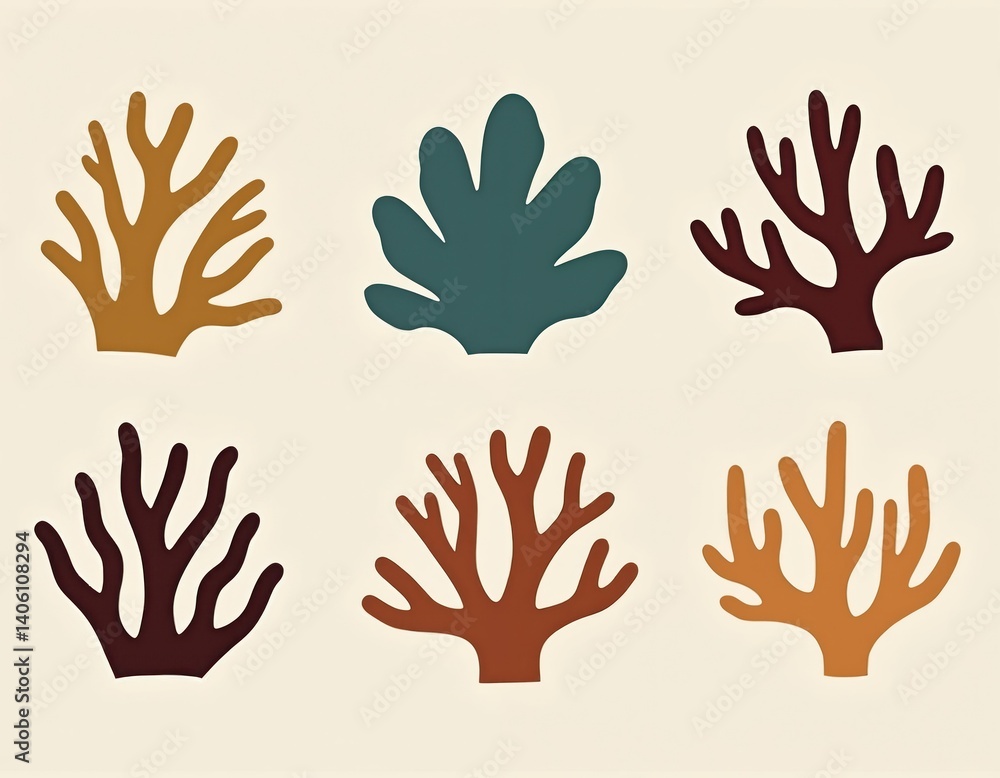 Obraz premium Set of six algae silhouettes on white background. Seaweed, coral, aquatic plants set. Abstract marine life design element. Nature elements, tropical, ocean, sea. Decorative floral design.