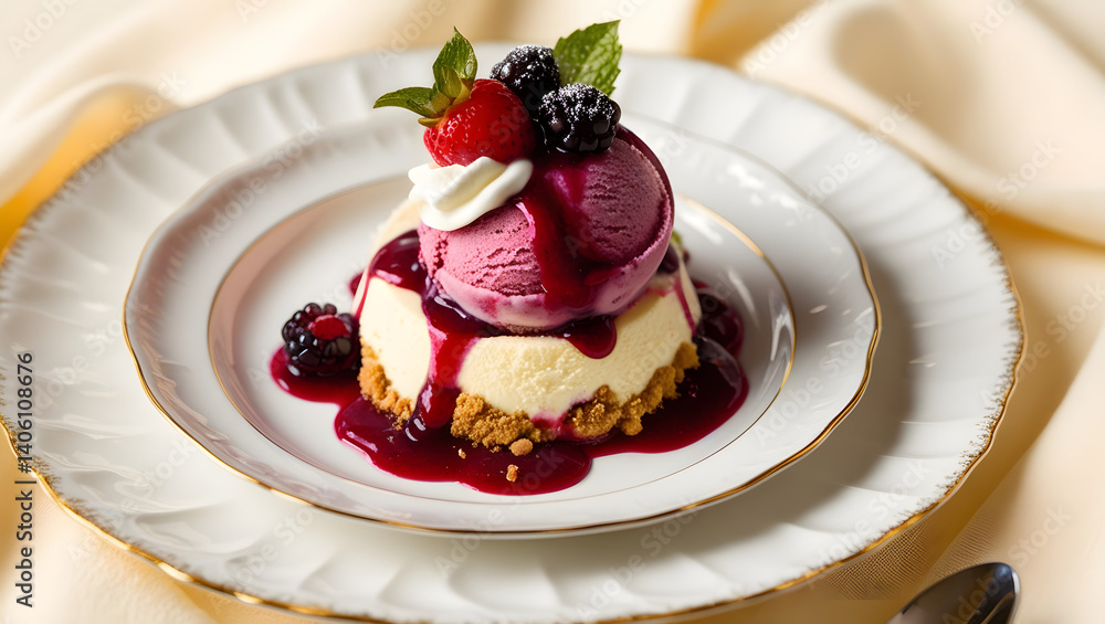 A scoop of rich, creamy berry ice cream sits atop a crumbled biscuit Cheesecake base, drizzled with a tart berry sauce, and garnished with a dollop of whipped cream, fresh berries, and a sprinkle