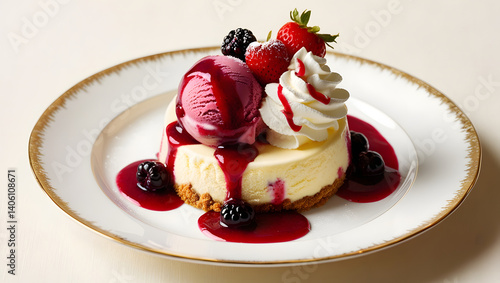 A scoop of rich, creamy berry ice cream sits atop a crumbled biscuit Cheesecake base, drizzled with a tart berry sauce, and garnished with a dollop of whipped cream, fresh berries, and a sprinkle